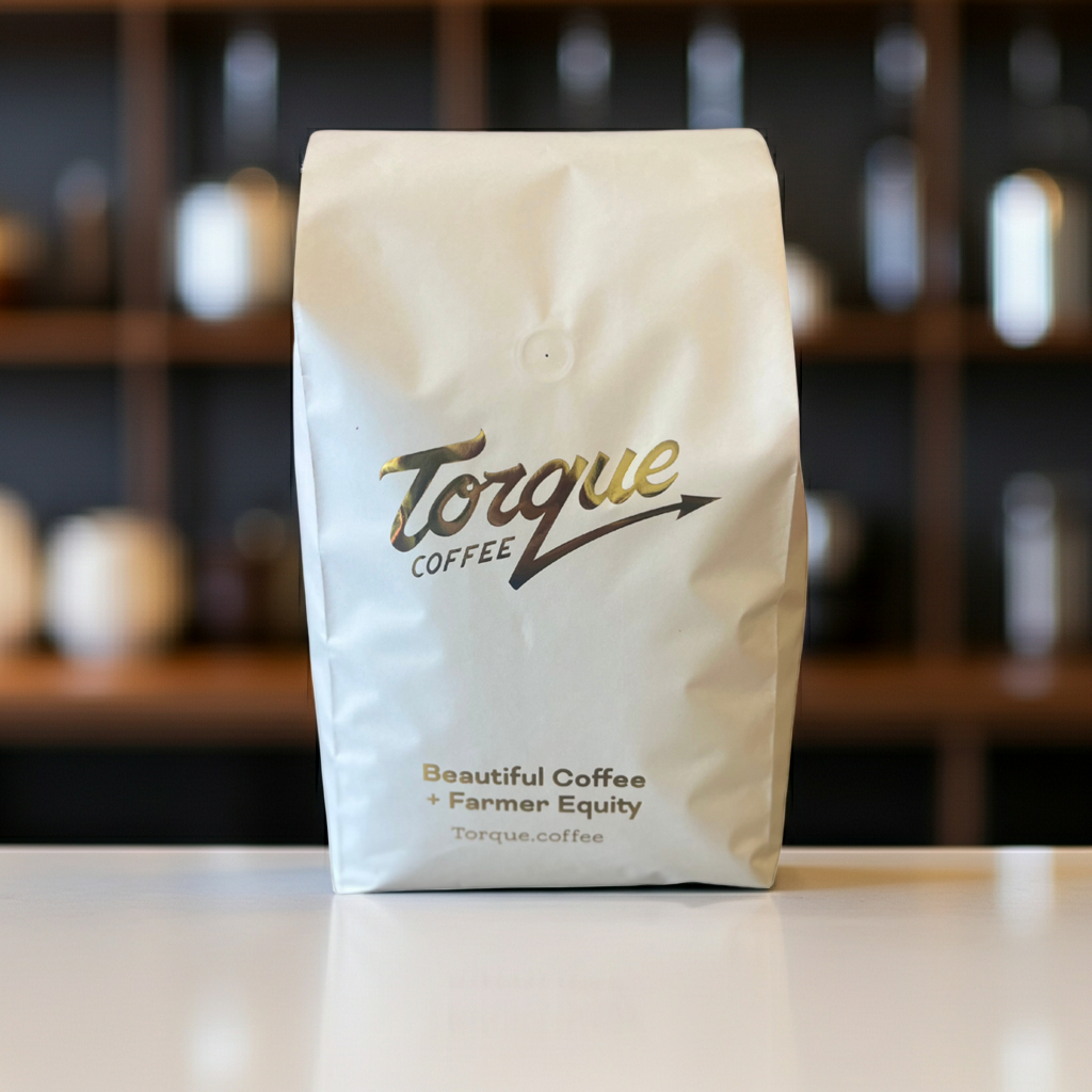 Torque Coffee bag on a counter with a blurred background