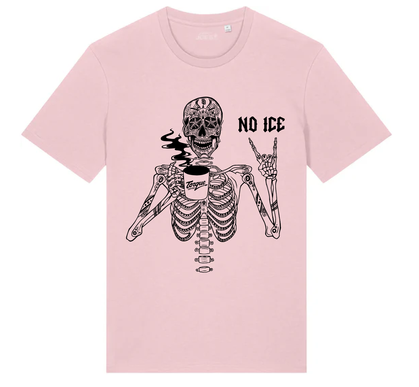 Pink t-shirt with a skeleton design and 'No Ice' text on a white background