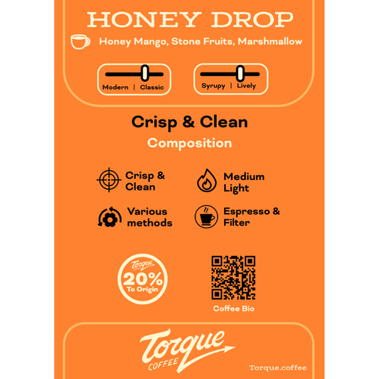 Torque Coffee Honey Drop coffee label with flavor description, brewing methods, and branding.