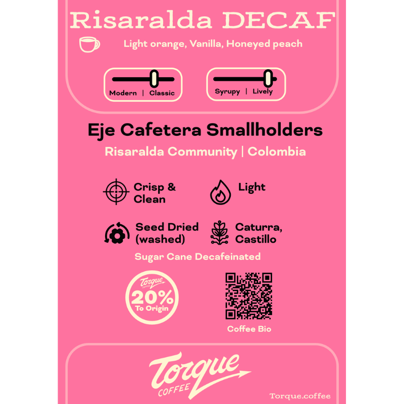 Risaralda Decaf Colombia flavor card: light orange, vanilla, honeyed peach