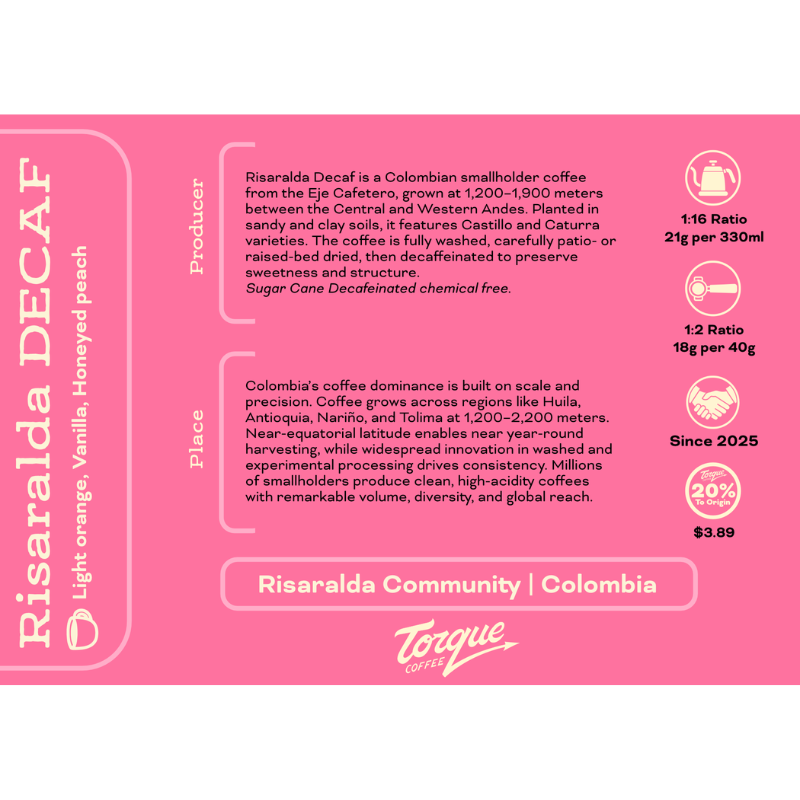 Risaralda Decaf Colombia flavor card: light orange, vanilla, honeyed peach
