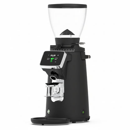 Black coffee grinder with digital display on a white background
