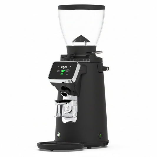 Black coffee grinder with digital display on a white background