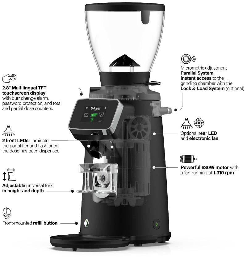 Black coffee grinder with features highlighted on a white background