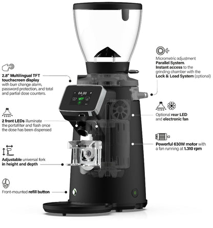 Black coffee grinder with features highlighted on a white background