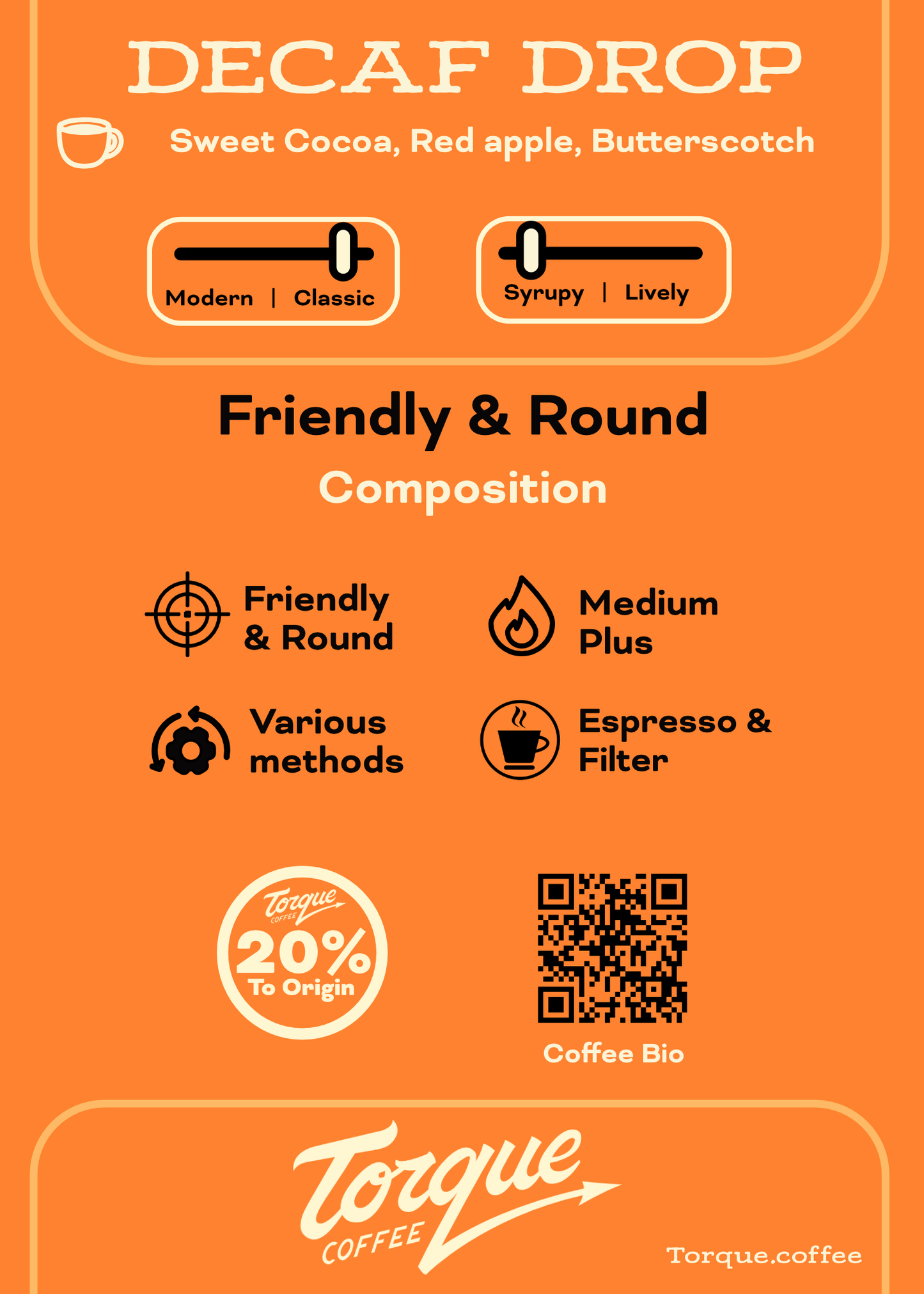 Torque Coffee Decaf Drop label with flavor description, composition details, and branding elements on an orange background.