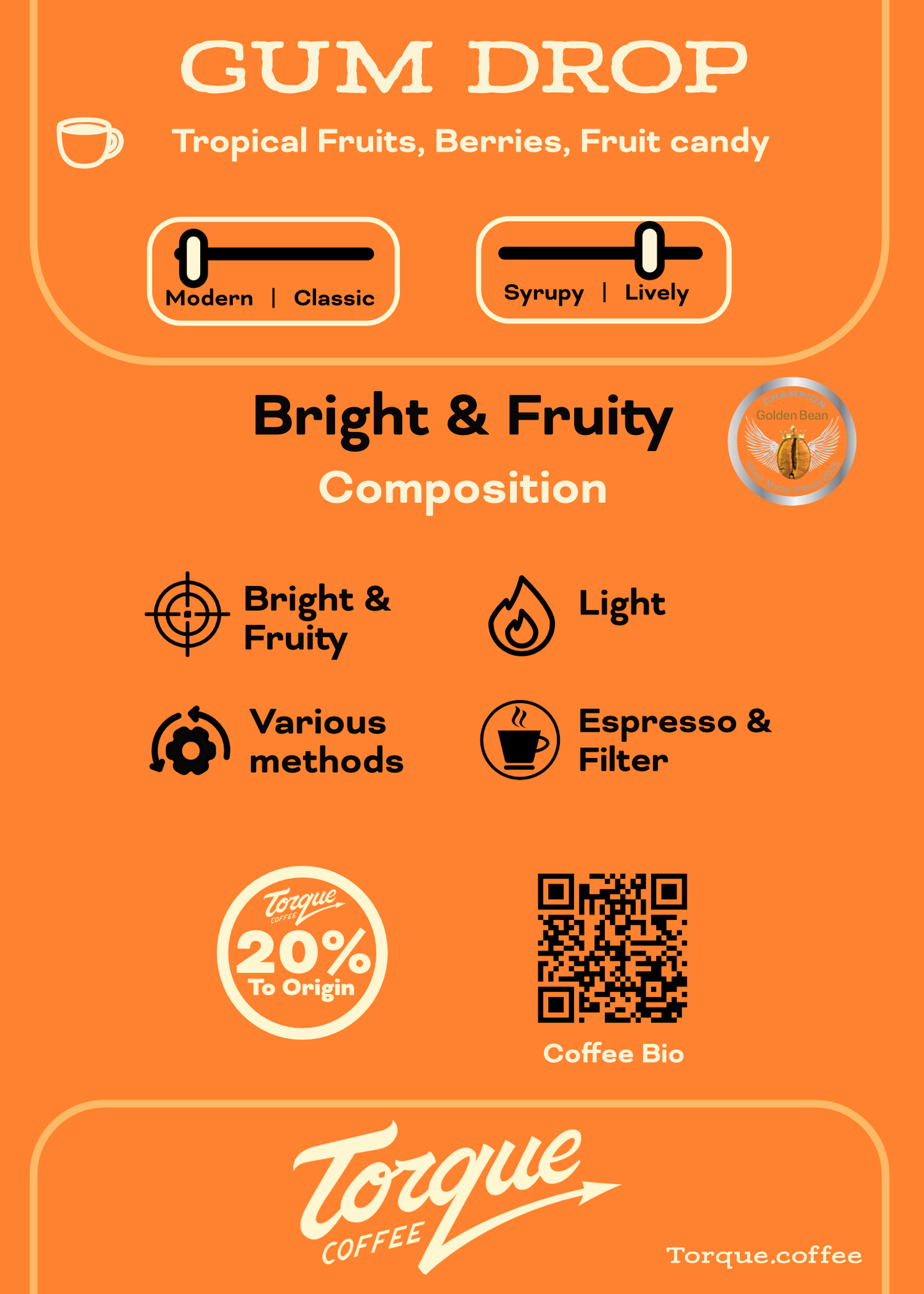 Torque Coffee Gum Drop coffee label with branding and product details on an orange background