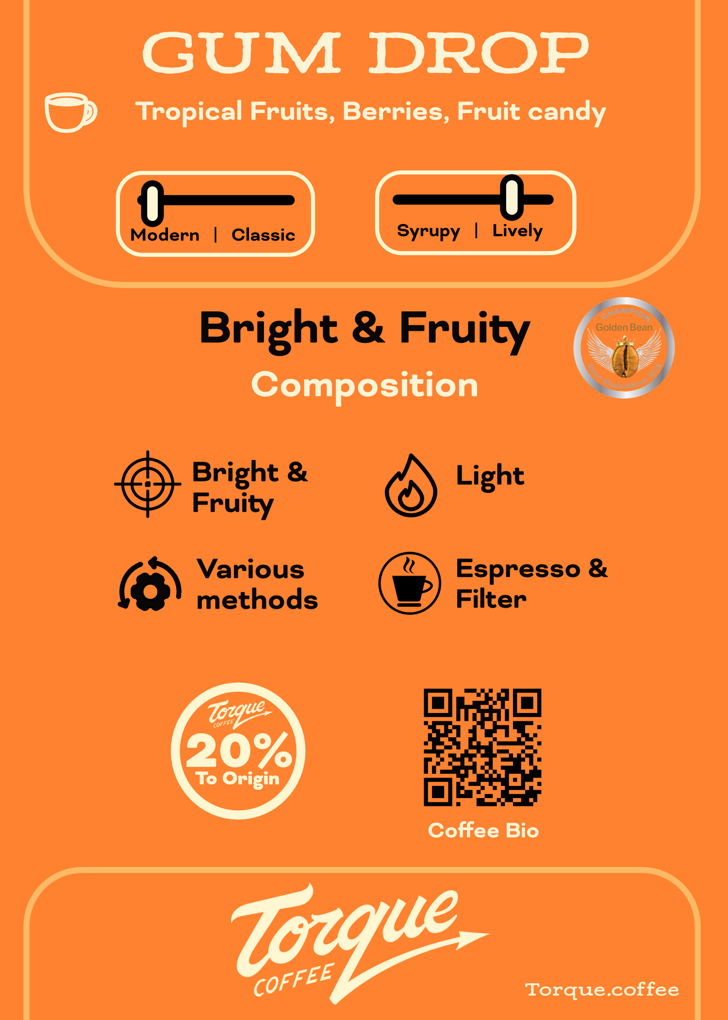 Torque Coffee Gum Drop coffee label with branding and product details on an orange background