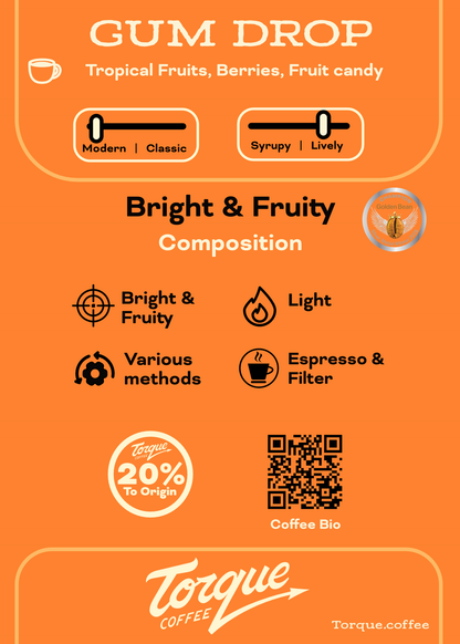 Torque Coffee Gum Drop coffee label with branding and product details on an orange background