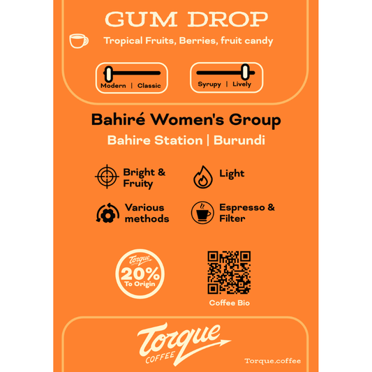 Torque Coffee Gum Drop coffee label with branding and product details on an orange background