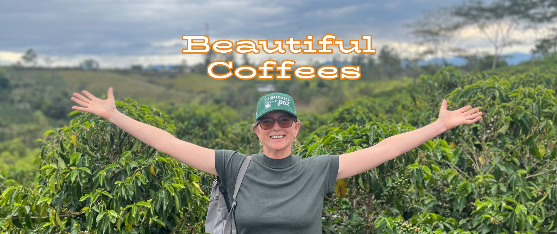 Person standing in a coffee plantation with 'Beautiful Coffees' text overlay